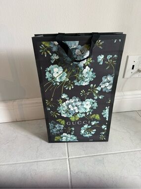 Gucci Floral Gift Shopping Bag - Black with blue Teal Floral Print 20”x 12”x3.5”